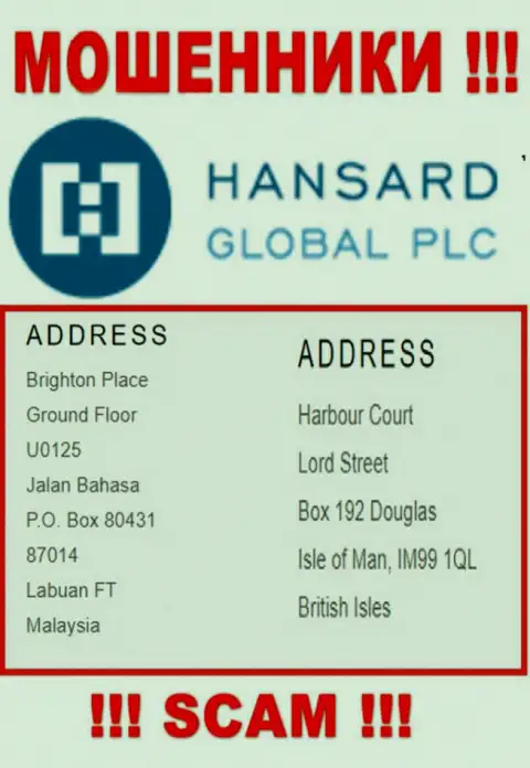 Добраться до компании Hansard, чтобы вернуть назад финансовые средства нельзя, они зарегистрированы в оффшорной зоне: Harbour Court, Lord Street, Box 192, Douglas, Isle of Man IM99 1QL, British Isles