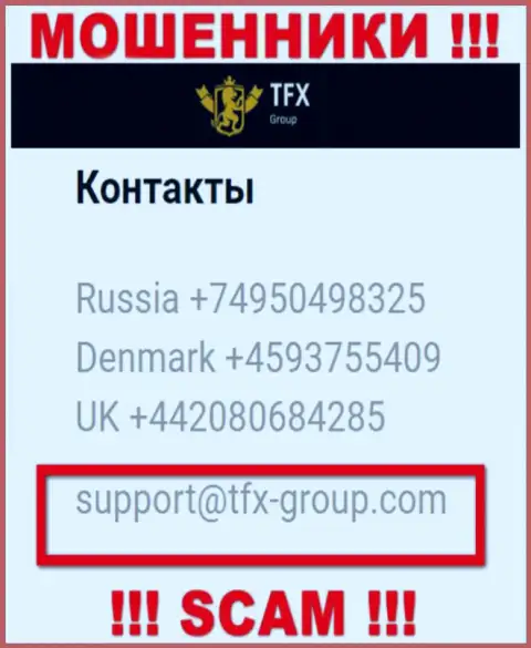 В разделе контактных данных, на официальном веб-ресурсе разводил TFX Group, найден данный адрес электронной почты