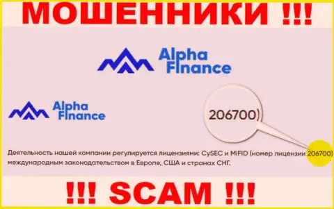 Номер лицензии Alpha-Finance io, на их сайте, не сможет помочь сохранить Ваши вложенные денежные средства от кражи