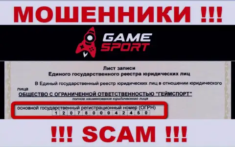 Регистрационный номер организации, которая владеет GameSport Bet - 1207800042450