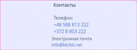 Номера телефонов и адрес электронного ящика онлайн-обменки BTCBit